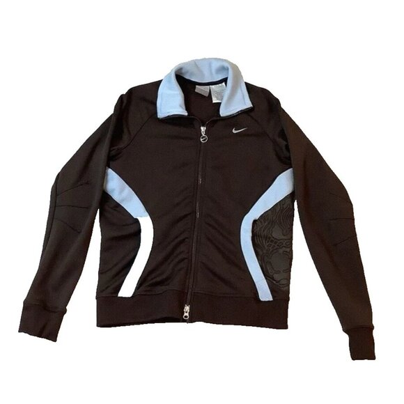 Nike Swoosh Logo Full Zip Jacket Womens Size Medium Brown/Light Blue - Picture 1 of 9